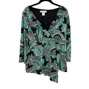 Vintage Y2K Paisley Sequin V-Neck Long Sleeve Top Fairy Boho Asymmetrical LARGE